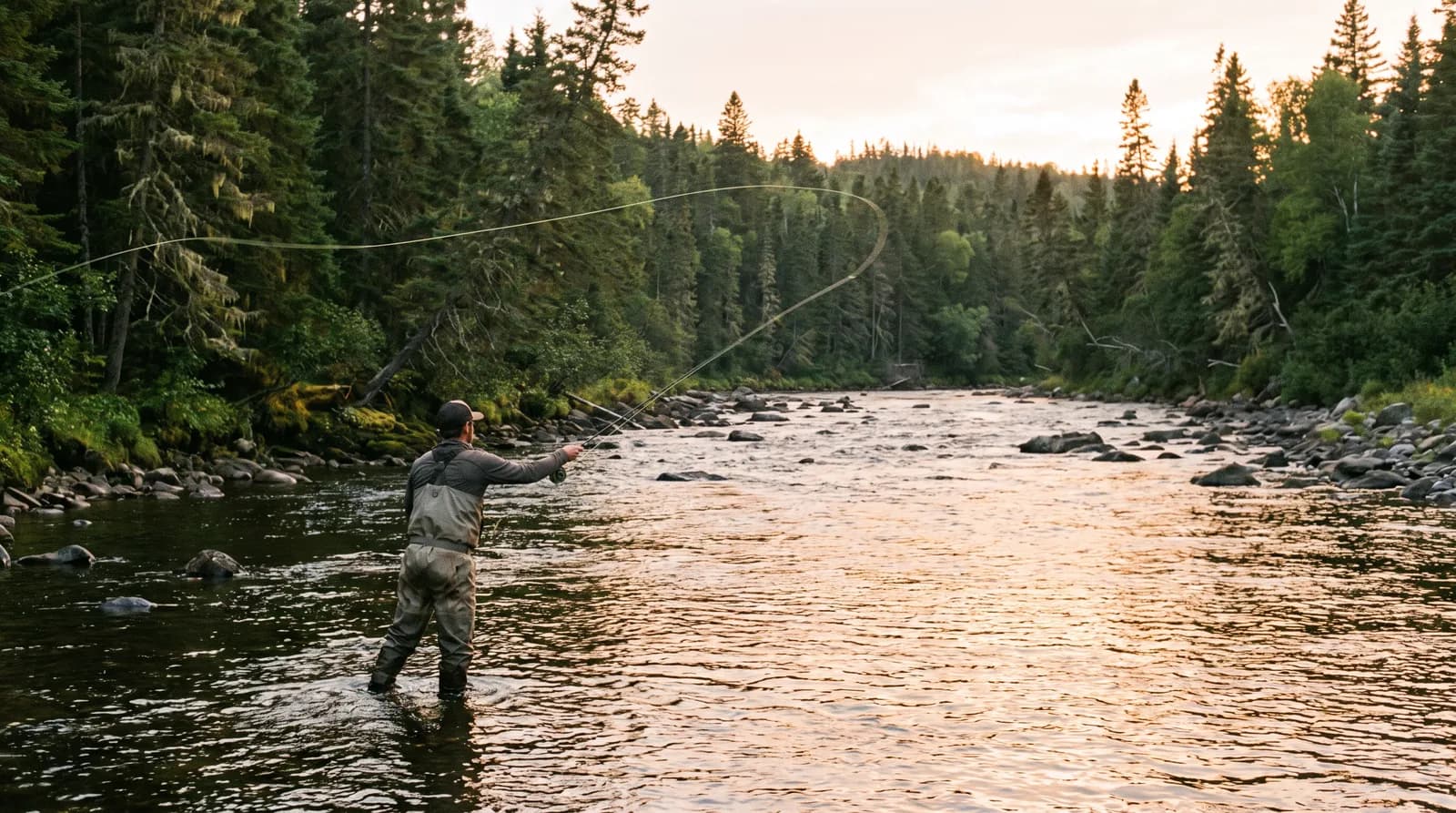 Angler fly fishing for Atlantic salmon in a pool on a Newfoundland river