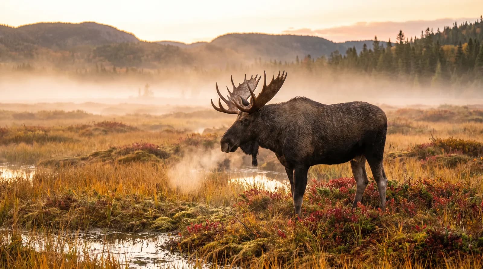 Bull moose standing in an autumn bog in Newfoundland at dawn during the rut