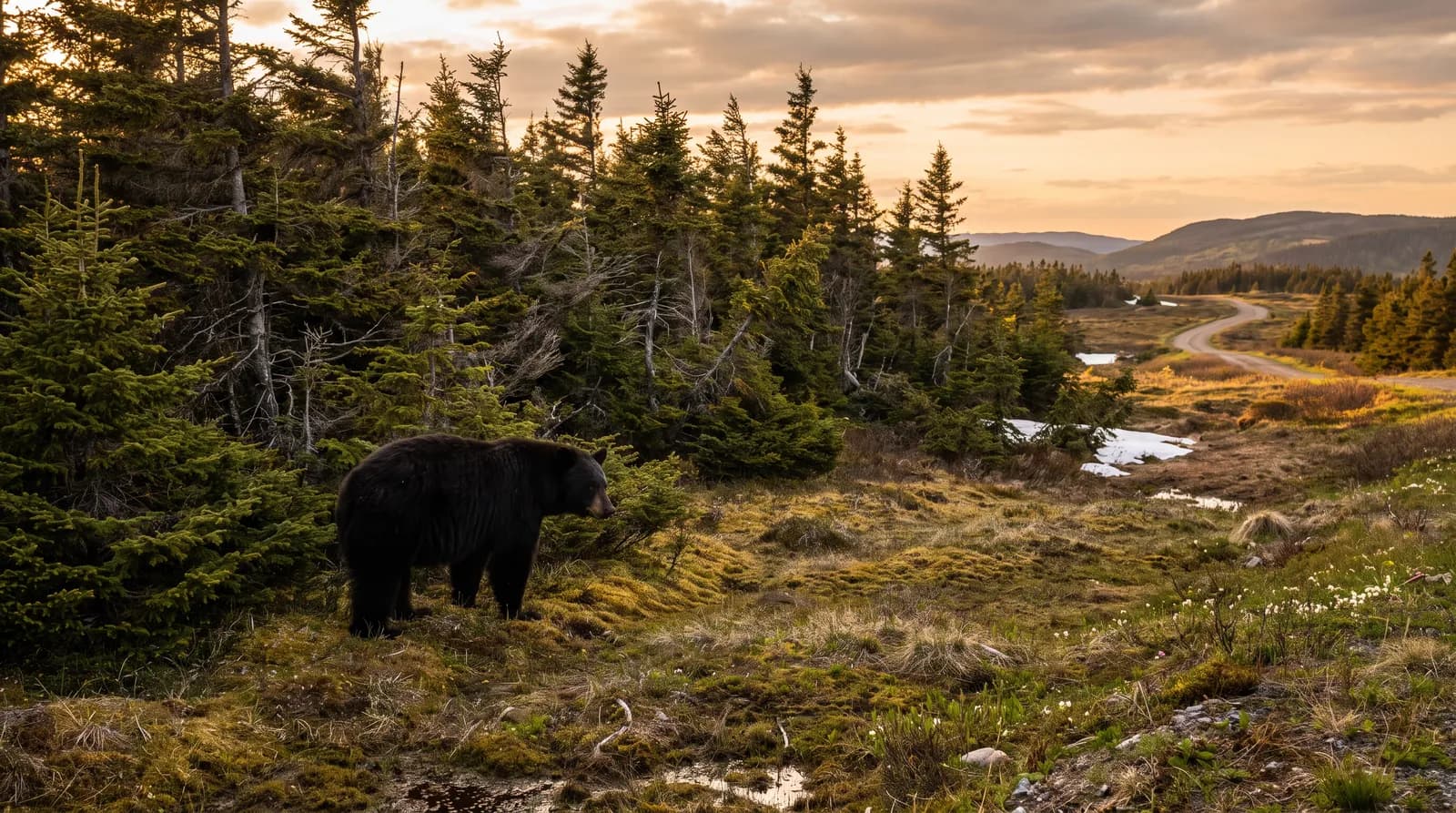 Black bear at the edge of a spruce forest in Newfoundland