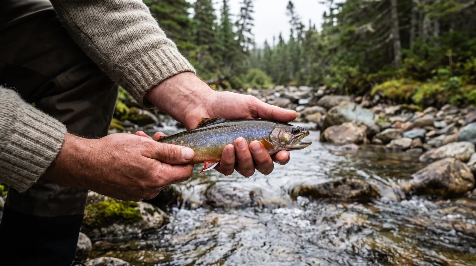 Angler releasing a brook trout over a clear Newfoundland stream