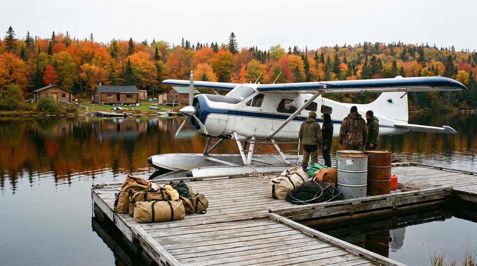 Floatplane at the dock of a fly-in outfitter camp on a remote Newfoundland lake
