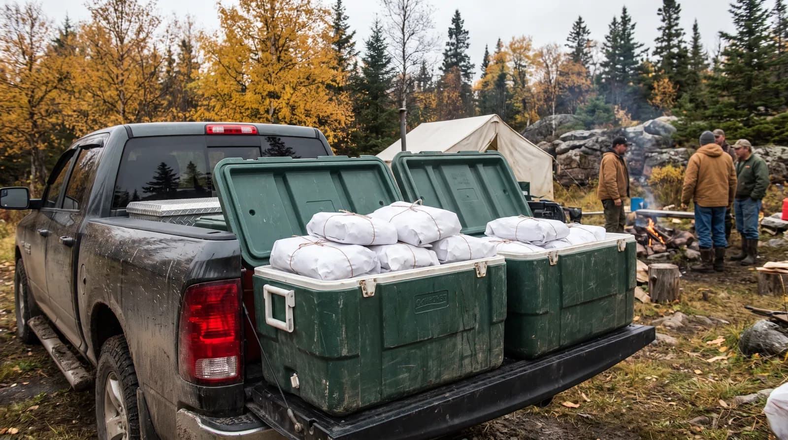 Wrapped moose meat packed in coolers on a pickup tailgate at a Newfoundland hunting camp