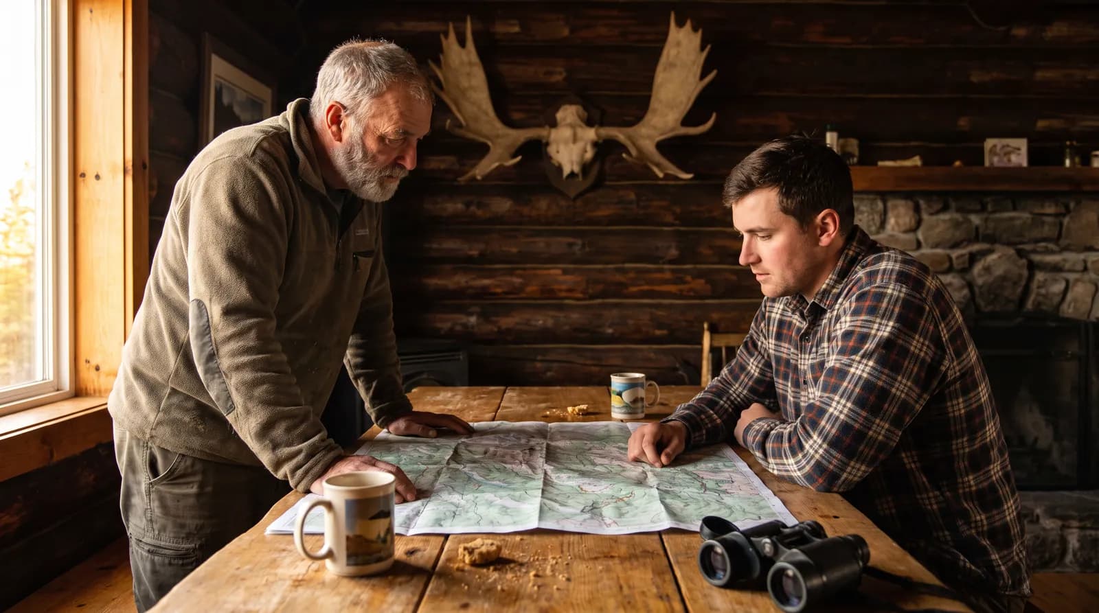 Newfoundland hunting outfitter planning a hunt with a client over a map at the lodge