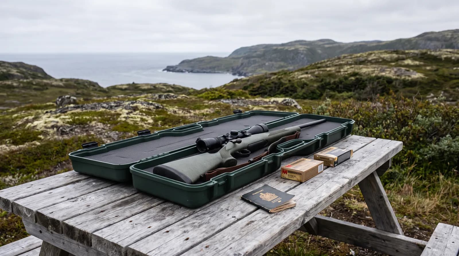 Bolt-action moose rifle in a hard travel case with ammunition and a passport
