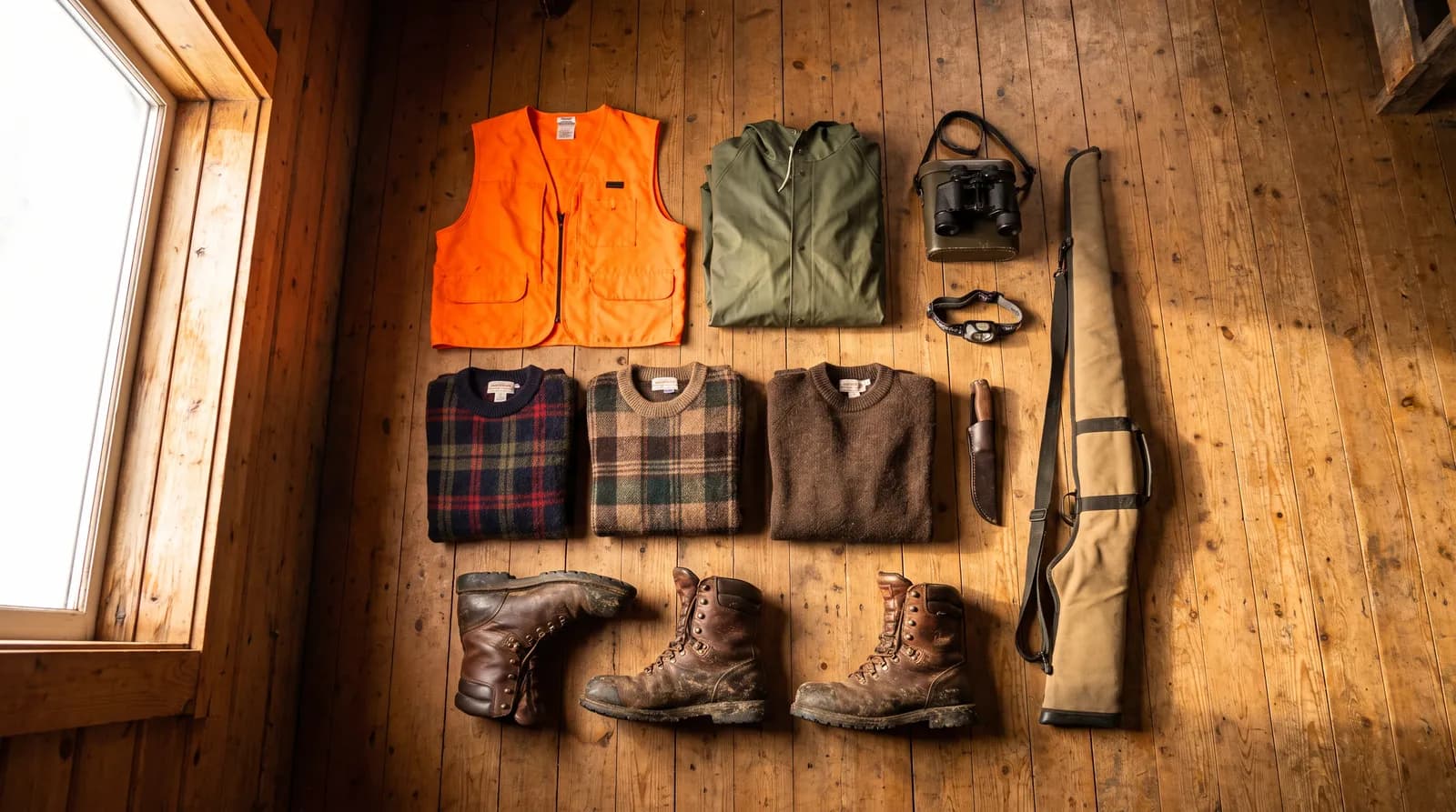Newfoundland moose hunt packing list gear laid out: blaze orange vest, wool layers, boots, binoculars and cased rifle